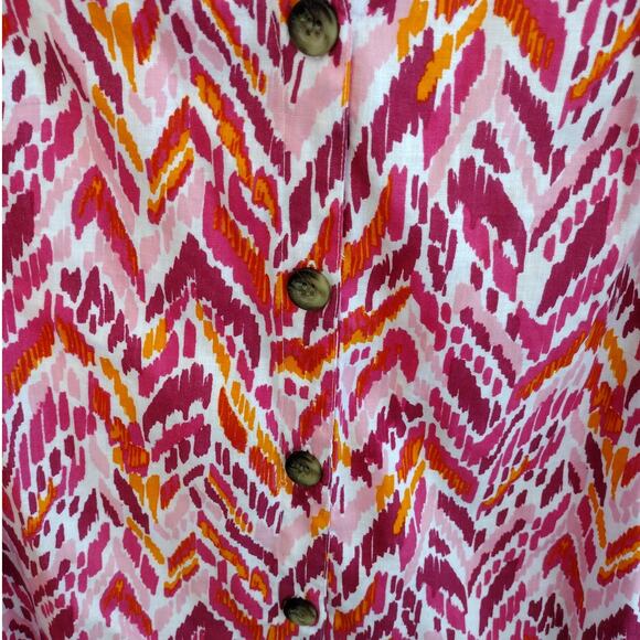 Emily Daniels Pink-Multi Ikat Linen-Blend V-Neck 1/2-Sleeve Button-Up Top Small - Picture 2 of 9